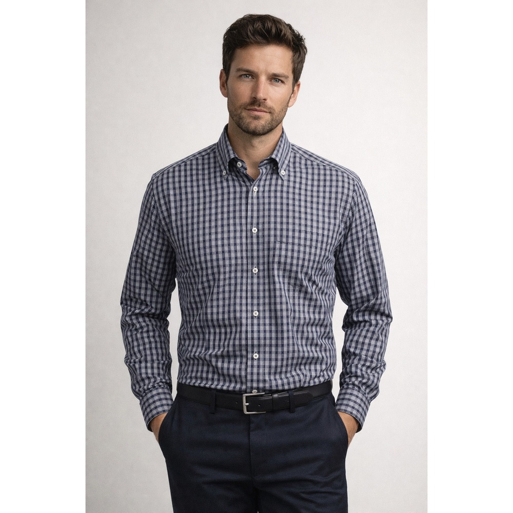 Luciano Barbera Button Down Shirt Mens Medium Navy Blue Plaid Luxury Italian